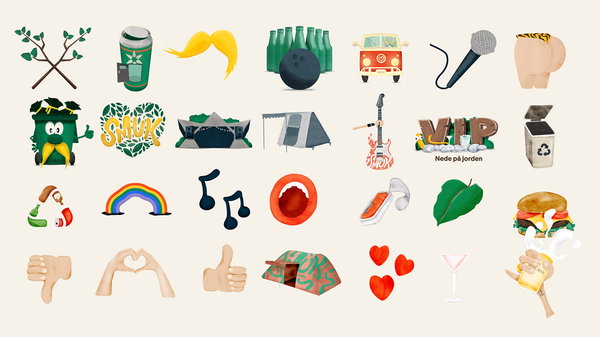 A collage of various colorful and stylized icons representing different objects and concepts. These include plants, a coffee cup, fruits, a bus, a microphone, hands showing different gestures, musical notes, a rainbow, clothing items like shoes and pants, anatomical illustrations of the brain and fist, hearts in different sizes and styles, a cocktail glass with a drink, and food items like a sandwich. Each icon is distinct and designed with aesthetic appeal, suggesting themes of lifestyle, hobbies, or interests.